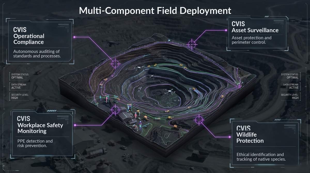 Infographic of a mining site with four opposing points representing the CVIS solution areas operating simultaneously: Asset Security, Workplace Safety, Environment and Operational Monitoring