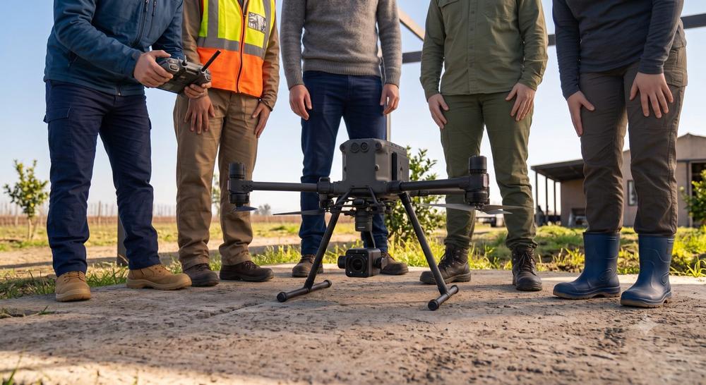 Equipo de Videri.ai junto a un dron de vigilancia en una faena agrícola