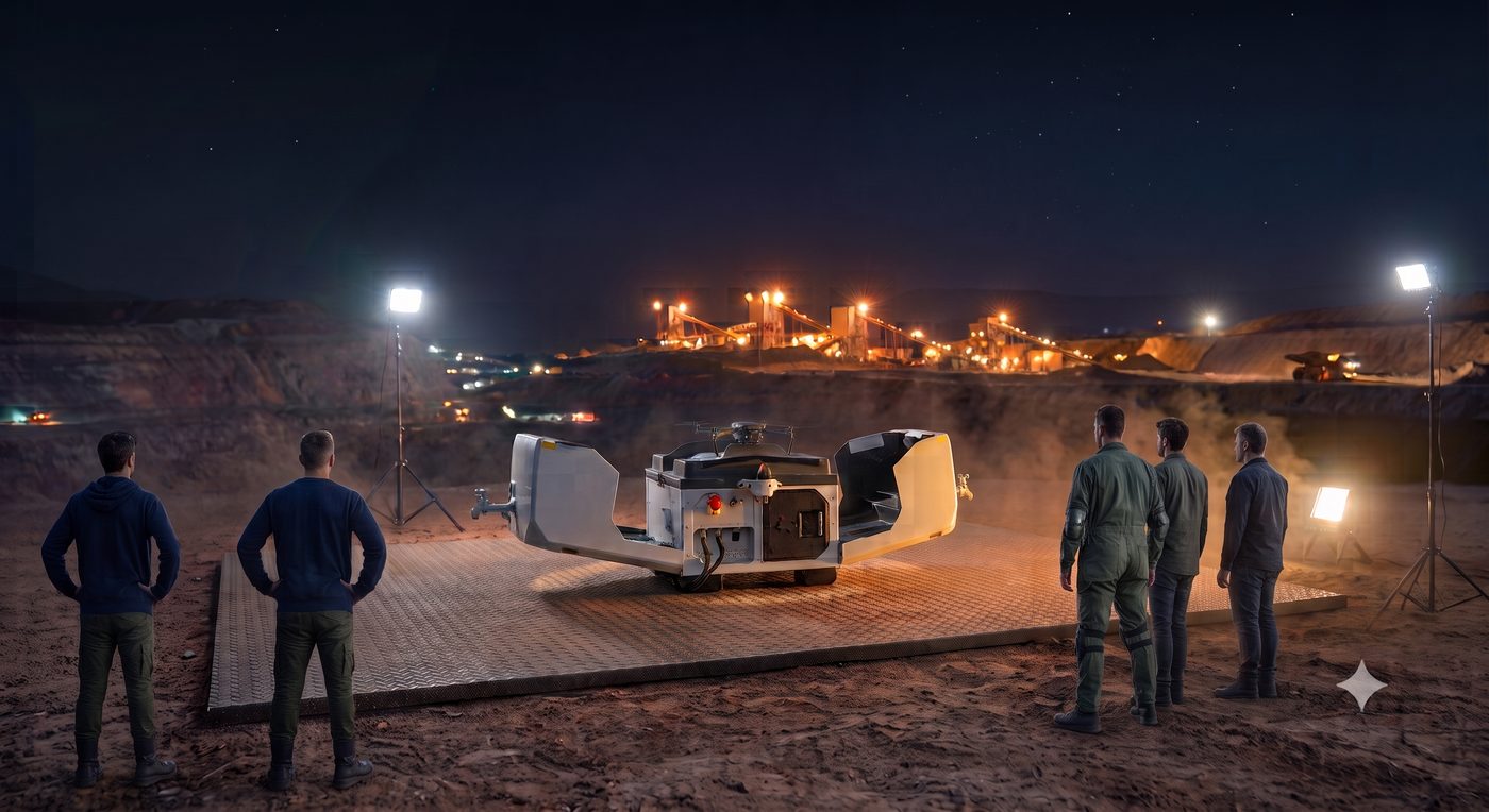 Equipo de Videri.ai desplegando un dron de vigilancia en una faena minera durante la noche
